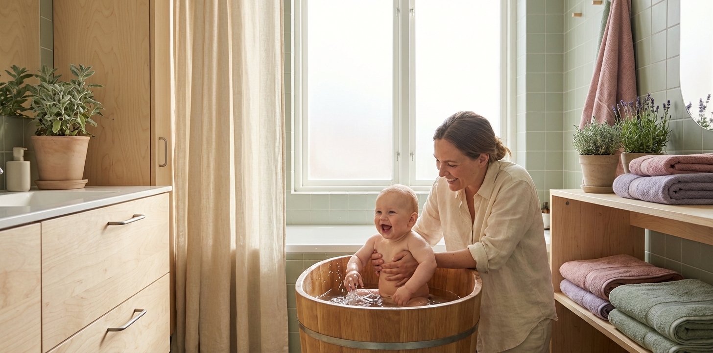 Lykkelig baby etter badet innpakket i et mykt håndkle