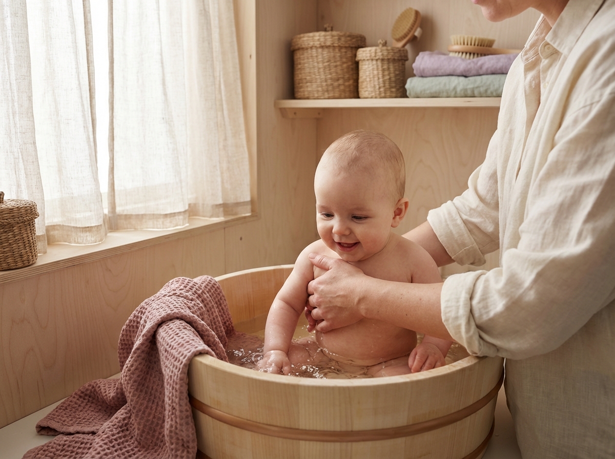 Forelder som tørker baby etter badet i et varmt badehåndkle