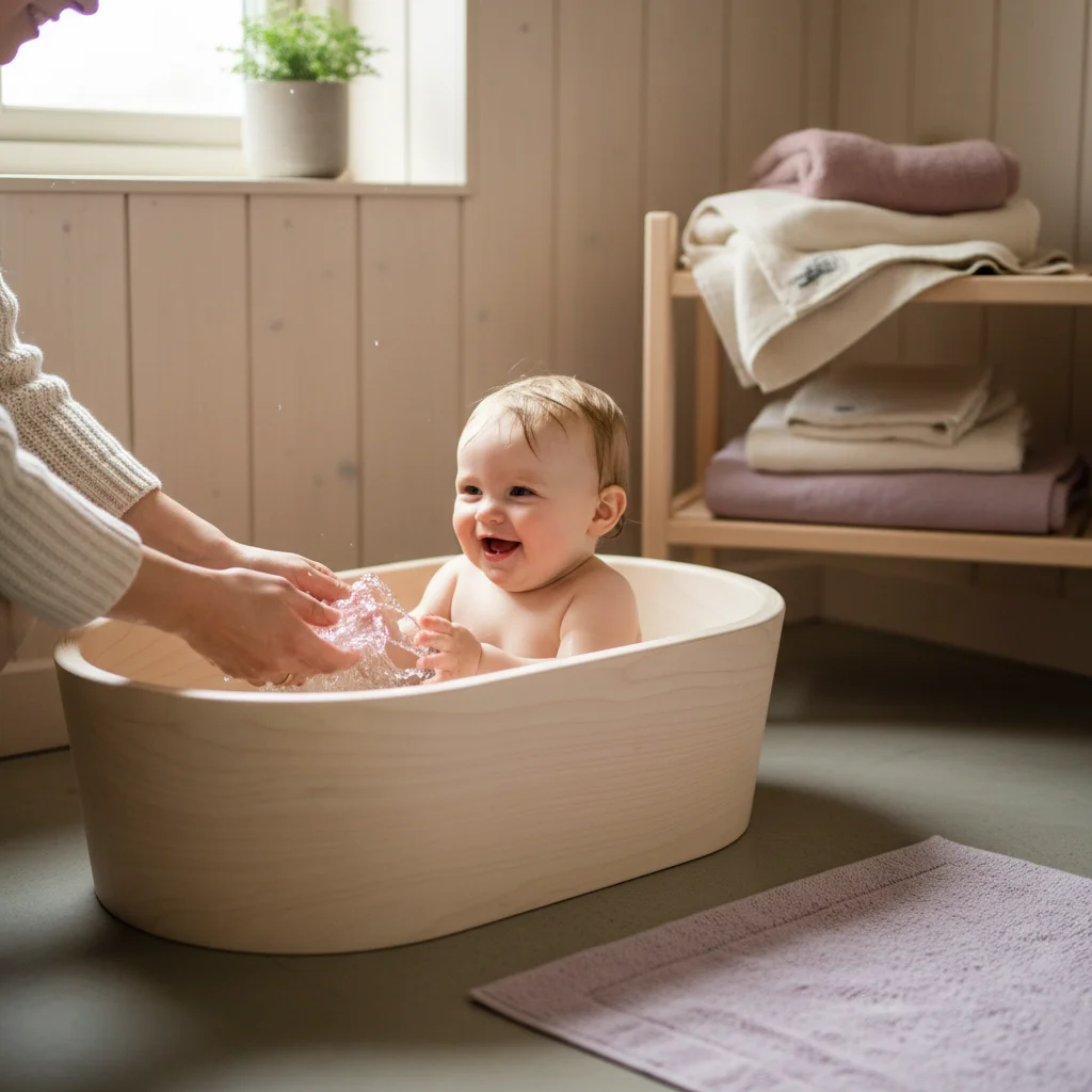 Forelder og barn i et rolig hjemmemiljø - illustrasjon for Bading av baby