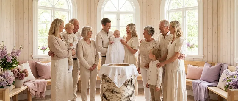 Familie feirer barnedåp med kake og gjester