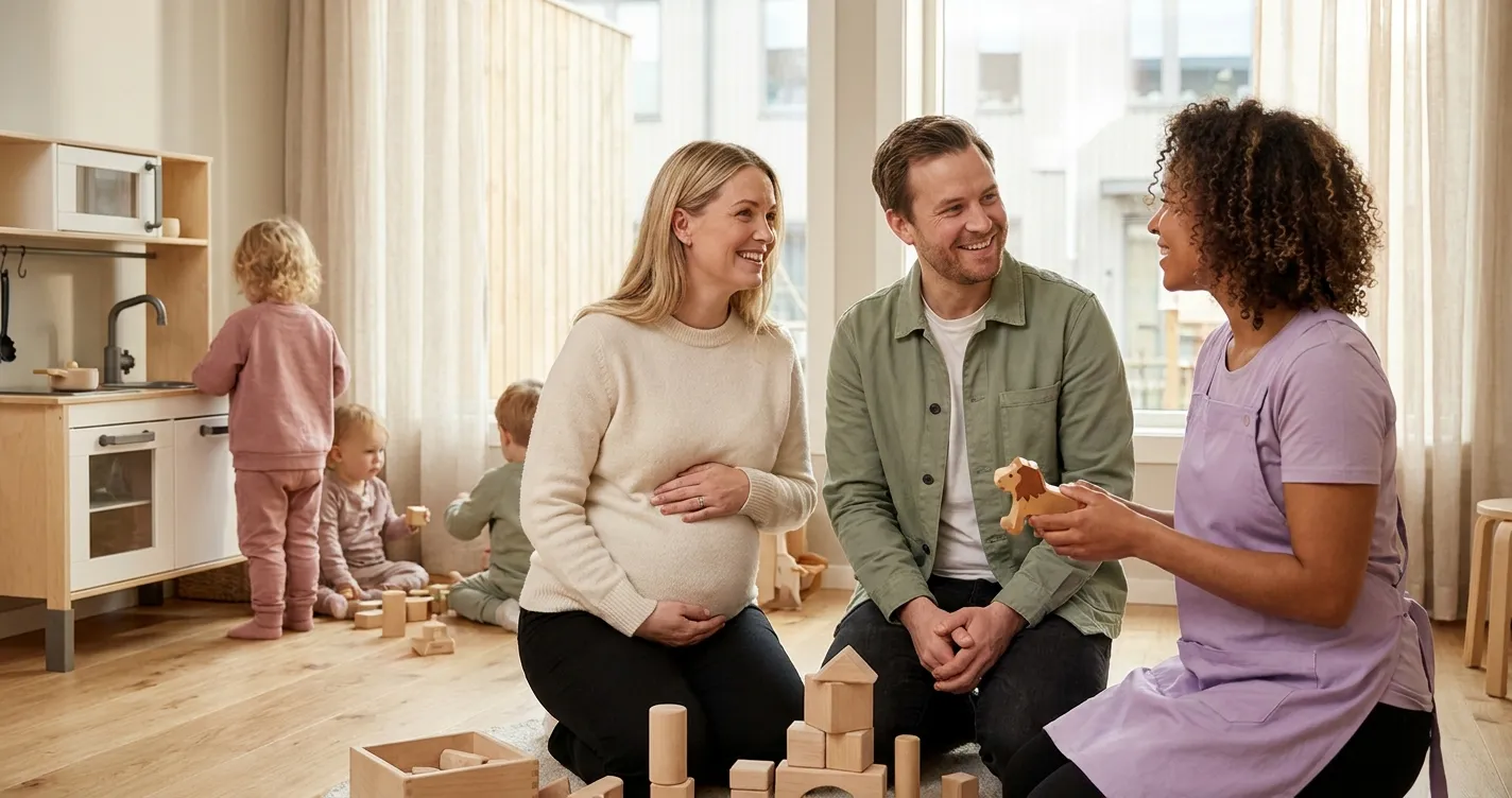 Forelder og barn i et rolig hjemmemiljø - illustrasjon for Barnehageopptak