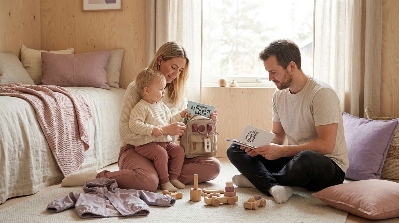 Glad småbarn med ryggsekk klar for barnehage