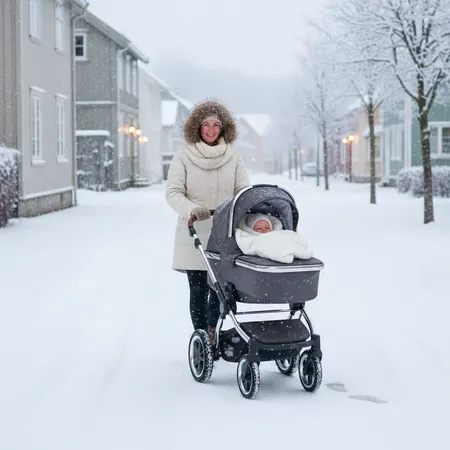 Foreldre på tur med barnevogn i skandinavisk natur