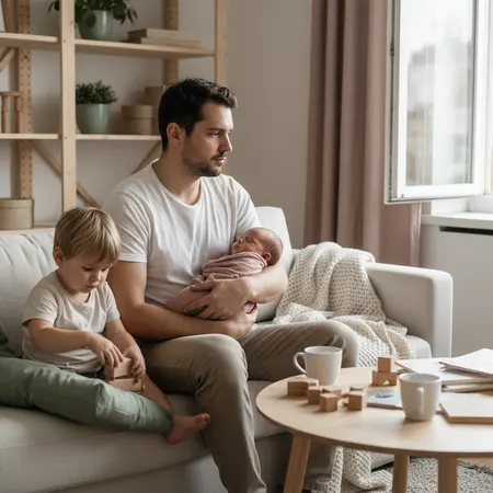 Forelder og barn i et rolig hjemmemiljø - illustrasjon for Barseldepresjon hos far og partner