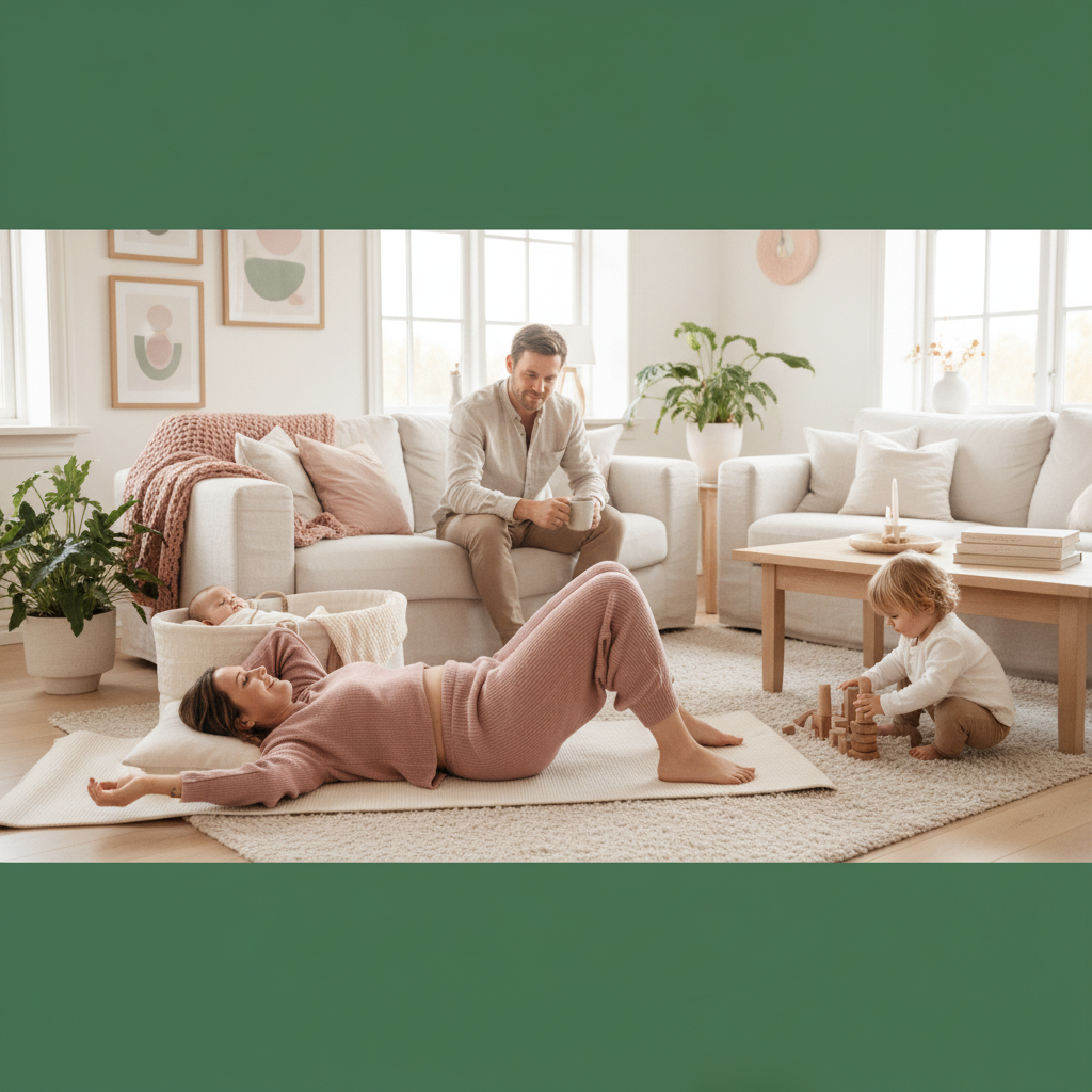 Mamma som trener bekkenbunnen hjemme med baby i nærheten