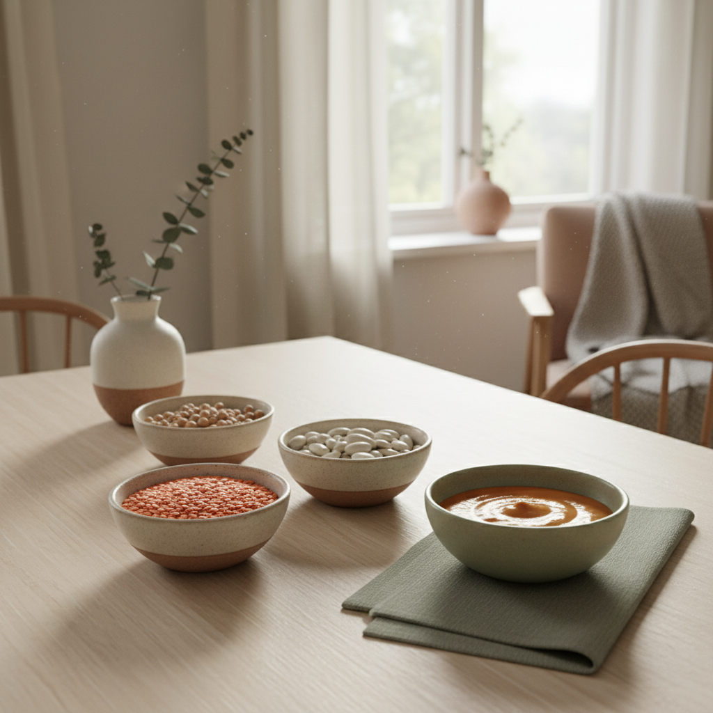 Linser, kikerter og bønner tilpasset baby i små skåler på et lyst skandinavisk kjøkkenbord