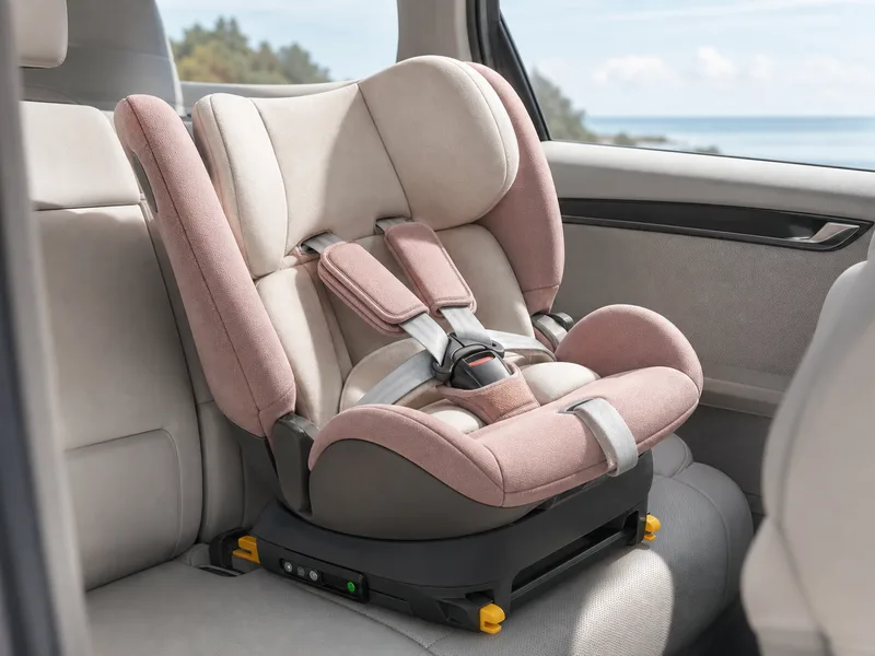 Bilstol montert på isofix-base med grønn indikator som viser korrekt låsing