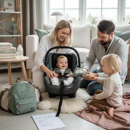 Forelder og barn i et rolig hjemmemiljø - illustrasjon for Biltur med baby