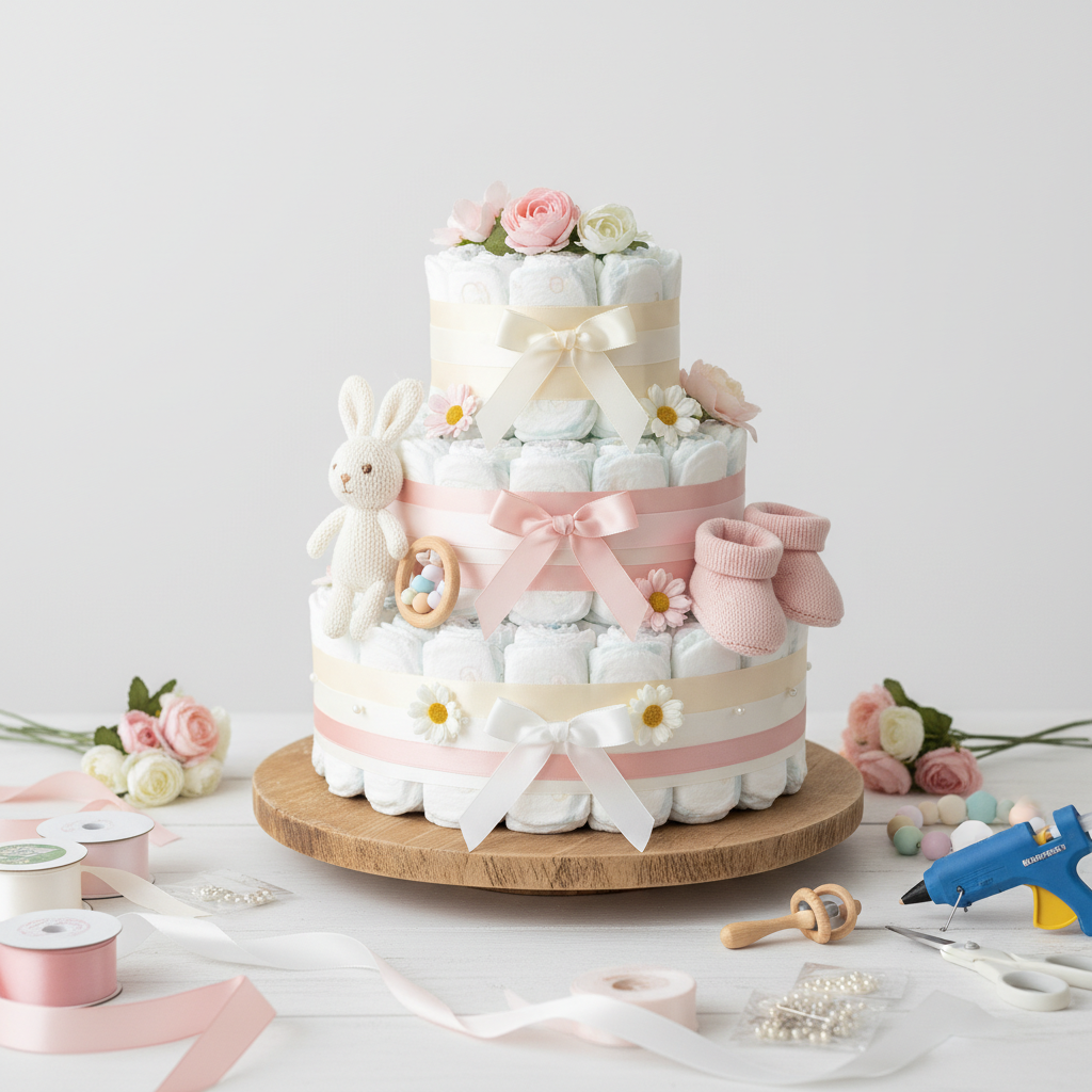 Vakker trelags bleiekake dekorert med bånd og blomster i myke pastellfarger