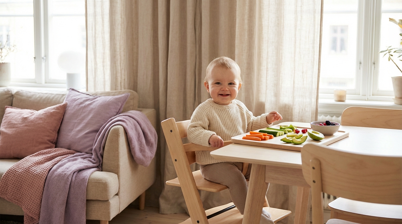 Baby som sitter i barnestol og utforsker fargerike grønnsaker og fingermat
