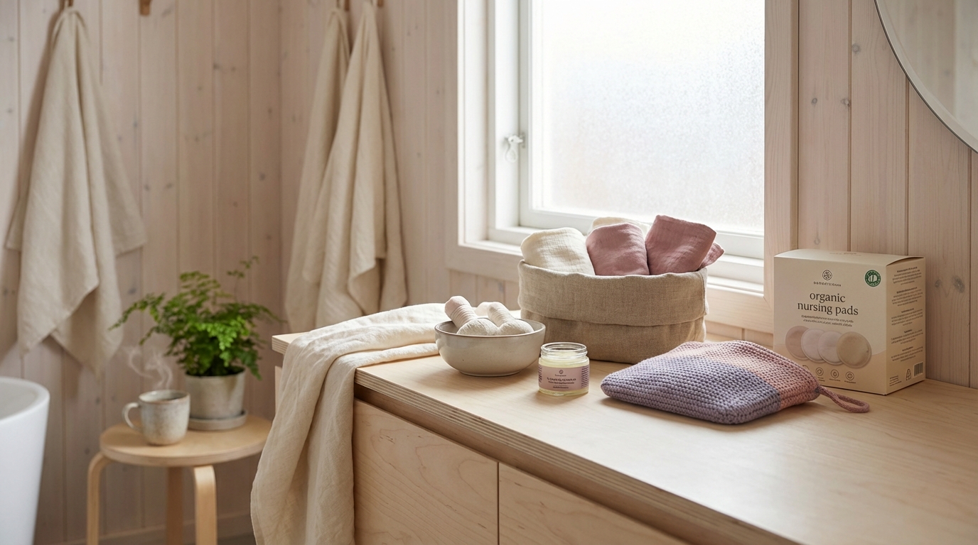 Ammeutstyr og varmeomslag i en lys nordisk setting med naturlige farger