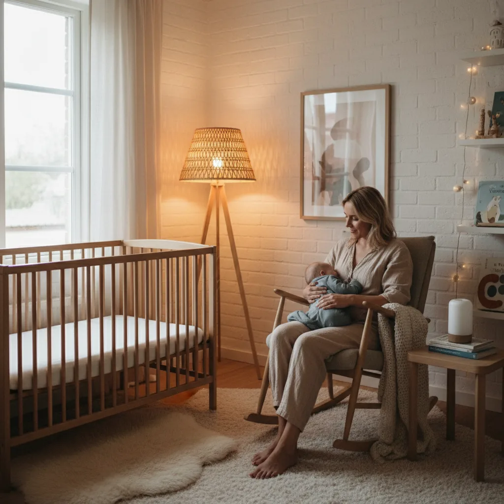 Baby som sover i lyst barnerom på dagtid