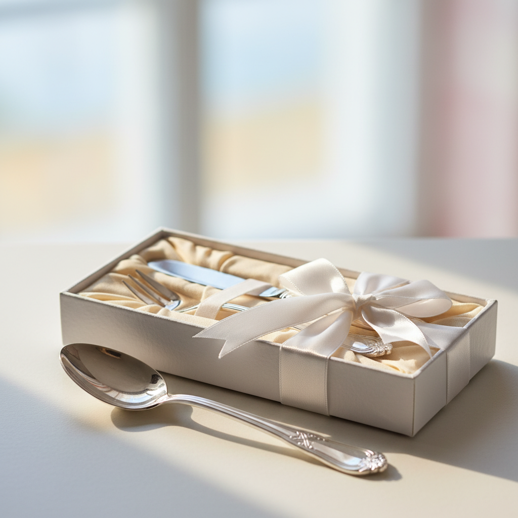 Vakker dåpsgave med sølvskje og barnebestikk i gaveeske