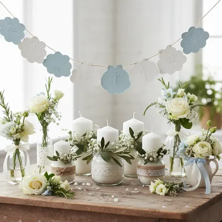 Dåpsbord med blomster og pastellfarget pynt