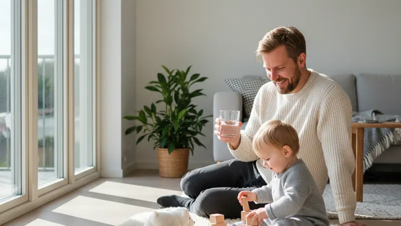Forelder med barn i lyst skandinavisk hjem som holder et glass vann