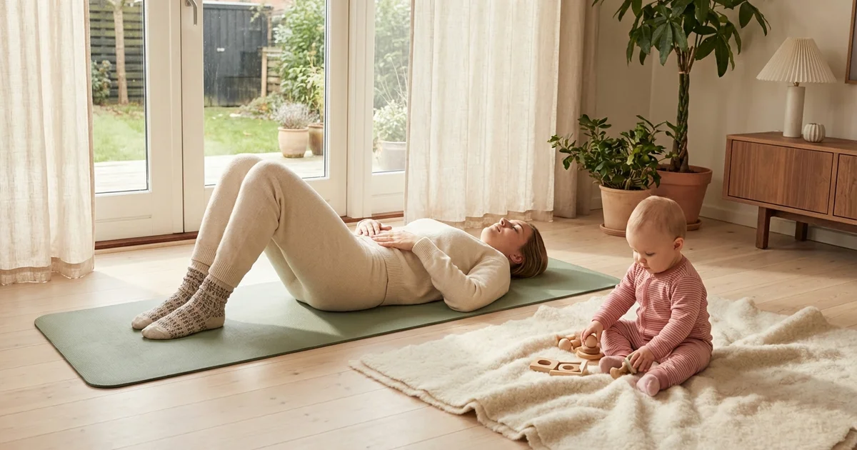 Kvinne som gjør forsiktige mageøvelser etter fødsel i lyst hjem