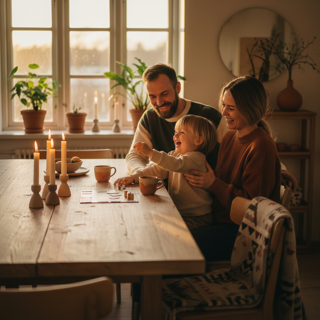 Familie som koser seg med brettspill i stedet for skjerm