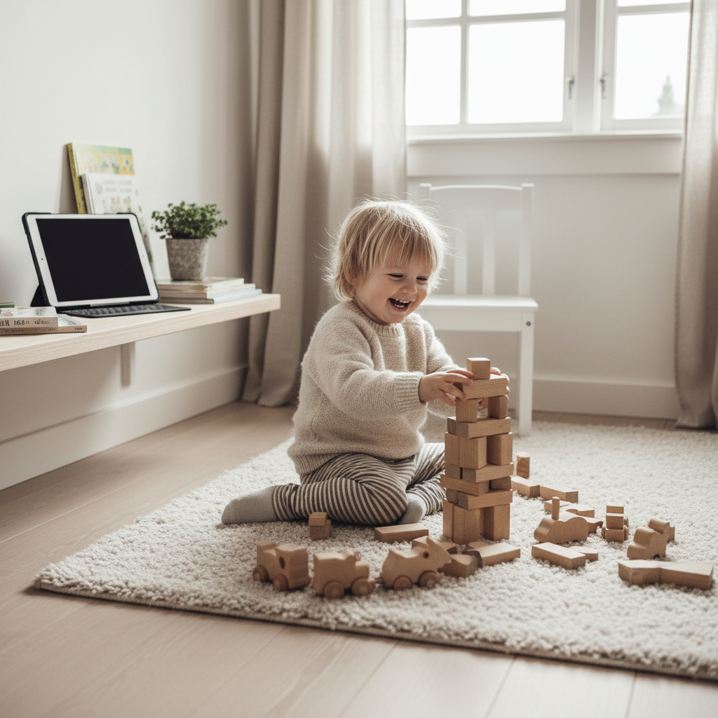 Barn som leker med analoge leker ved siden av et nettbrett som ligger til side