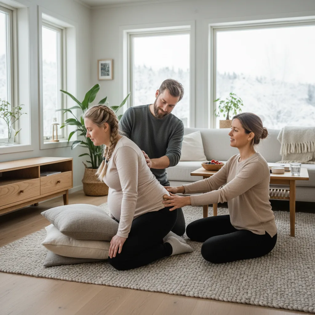 Forelder og barn i et rolig hjemmemiljø - illustrasjon for Doula