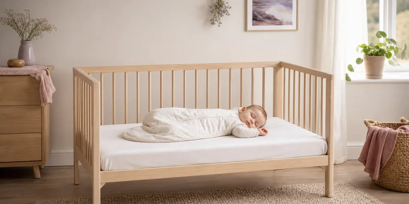 Forelder ser inn til sovende baby i ryddig babyrom