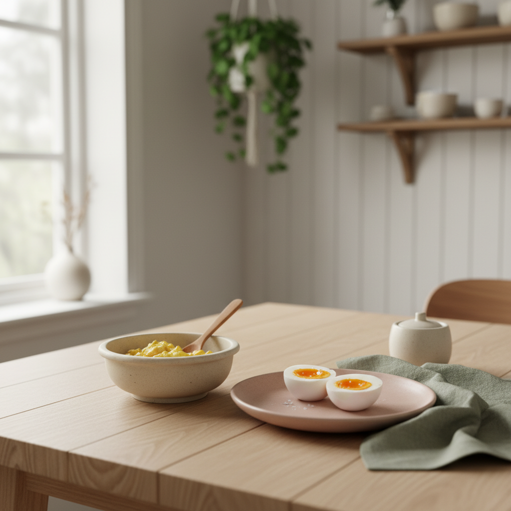 Kokt egg og eggerøre tilpasset baby servert i en liten skål på et lyst skandinavisk kjøkkenbord