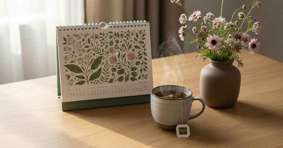 Kalender og naturlige elementer som symboliserer kvinnens syklus