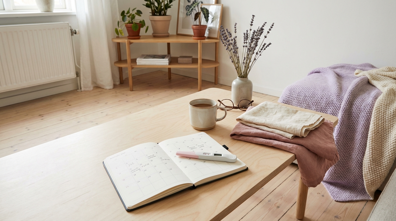 Positiv eggløsningstest og kalender i en lys nordisk setting med myke farger