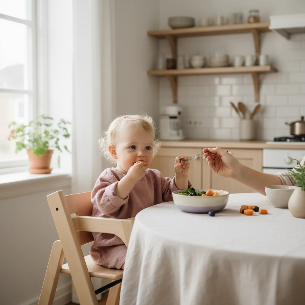 Omsorgsfull forelder som støtter barn - Enkle måltider for 1-åring - frokost, lunsj og middag