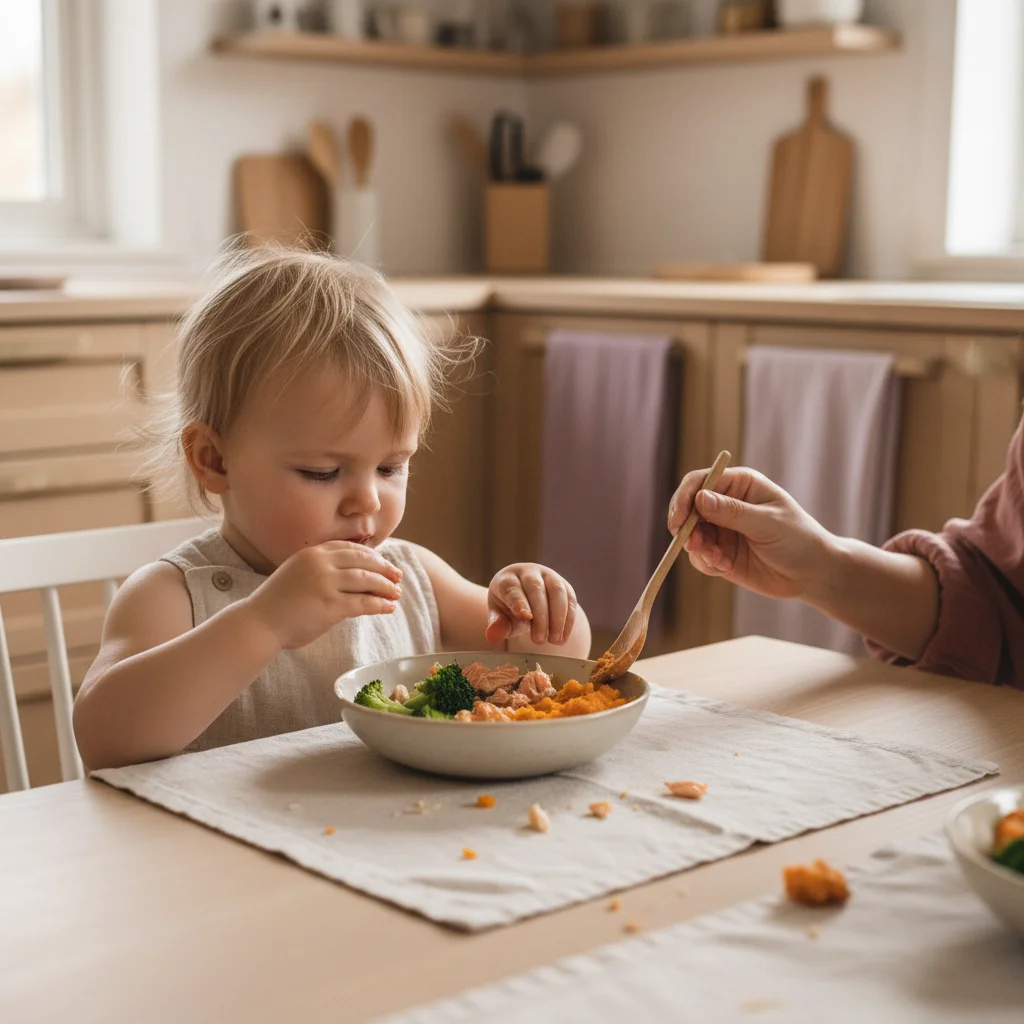 Forelder og barn i et rolig hjemmemiljø - illustrasjon for Enkle måltider for 1-åring - frokost, lunsj og middag