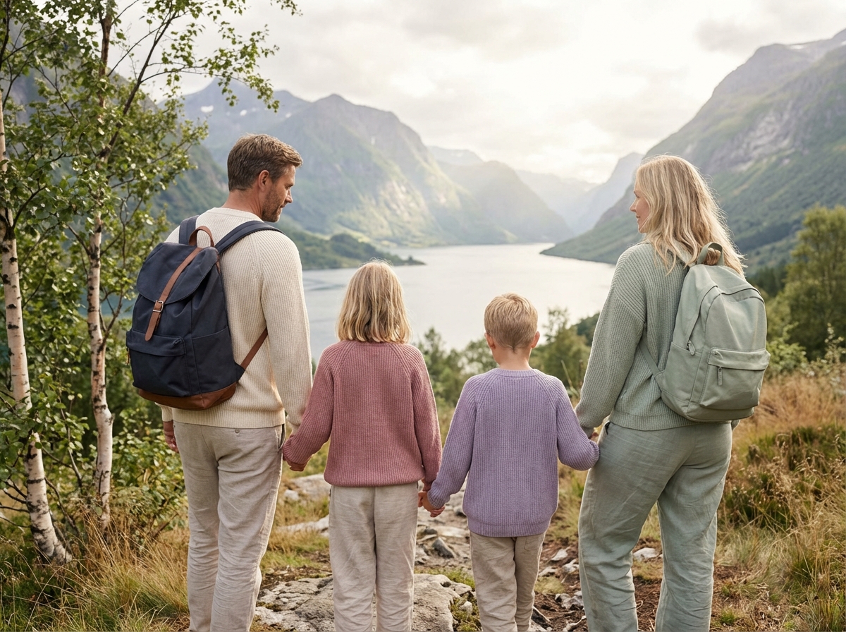 Forelder og barn i et rolig hjemmemiljø - illustrasjon for Familieferie i Norge