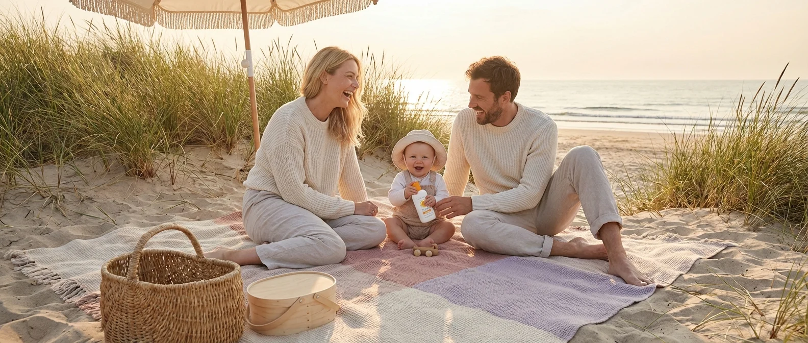 Familie med småbarn som leker i vannet på en barnevennlig strand