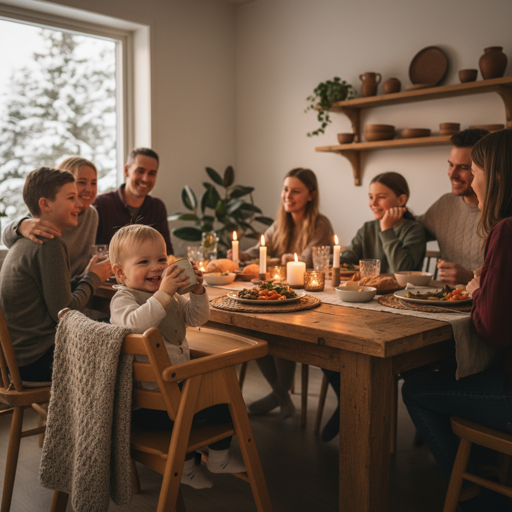 Smilende baby som drikker selvstendig fra kopp i barnestol