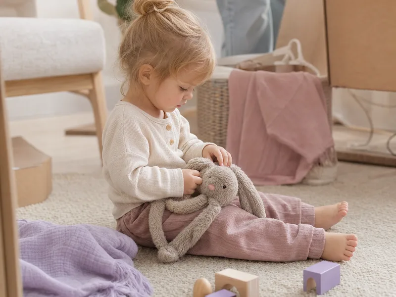 Småbarn som sitter på gulvet med kosedyret sitt mens familien pakker rundt