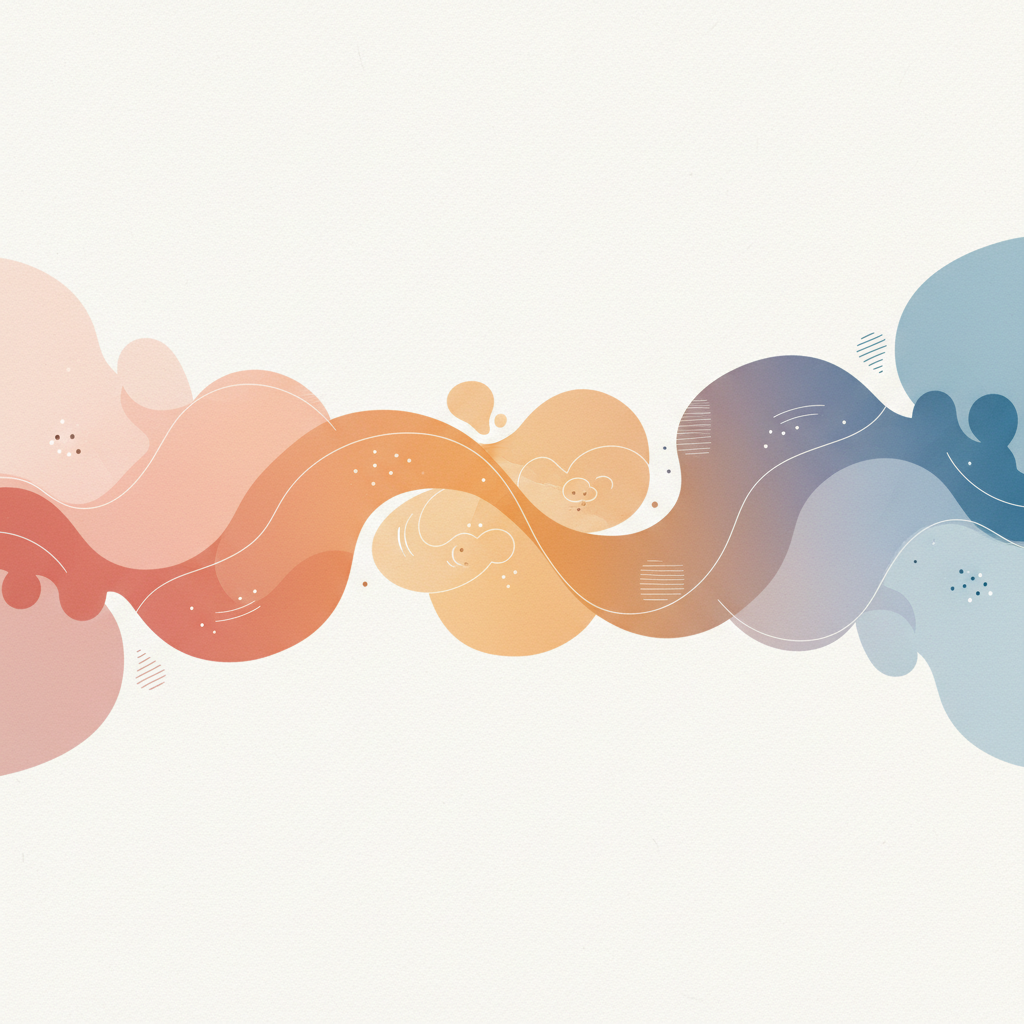 Illustrasjon av fødselens faser med abstrakte former i varme pastellfarger
