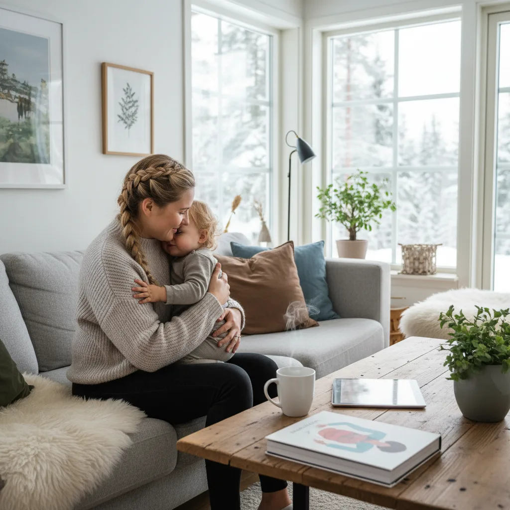Forelder som tar vare på barn i et varmt skandinavisk hjem