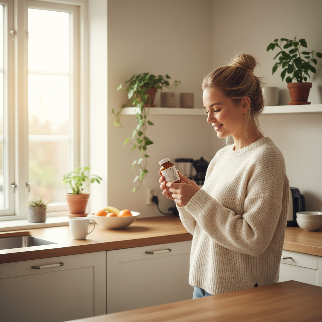 Norsk kvinne med folsyretilskudd i lyst skandinavisk kjøkken
