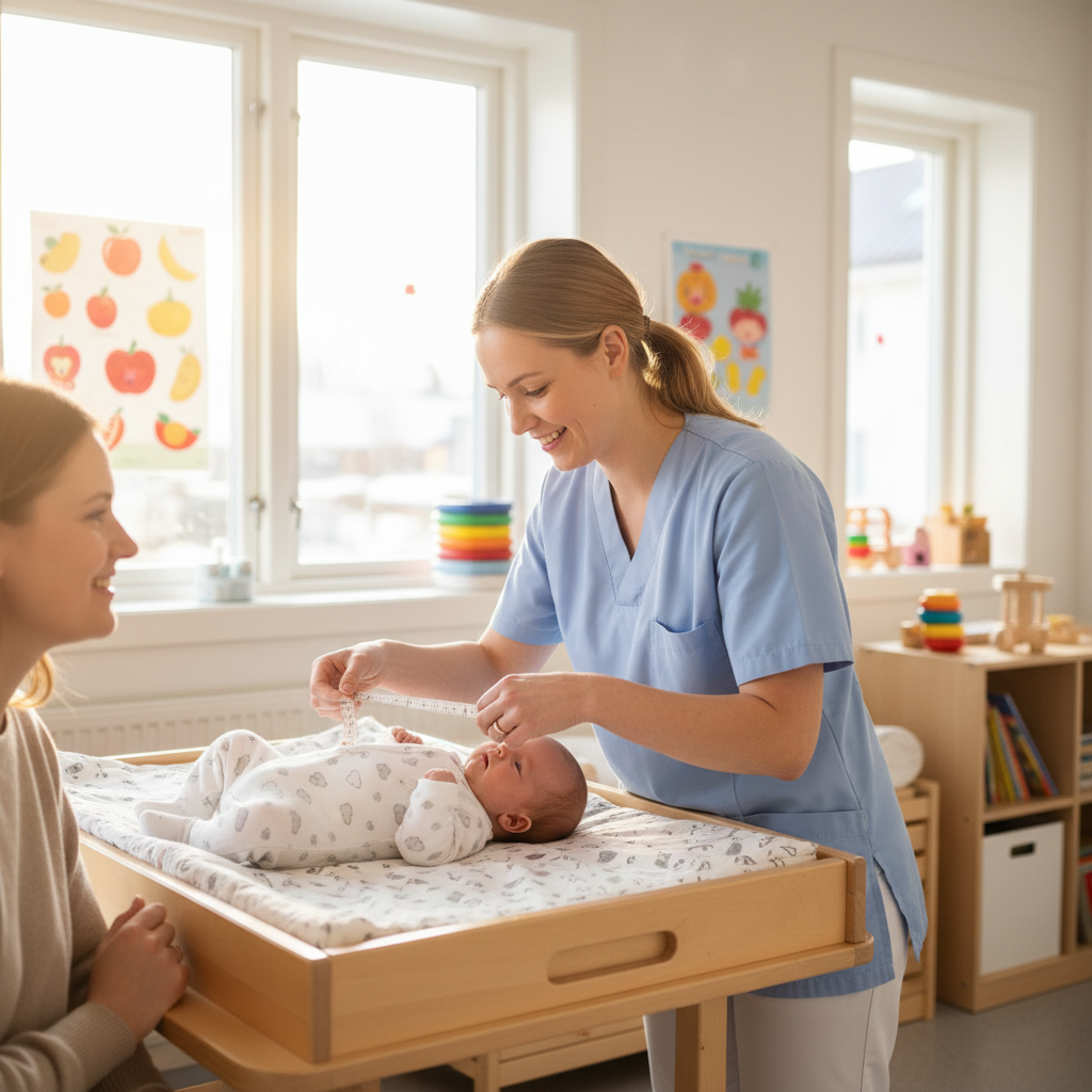 Baby ligger på stellebord mens forelder forsiktig undersøker hodet