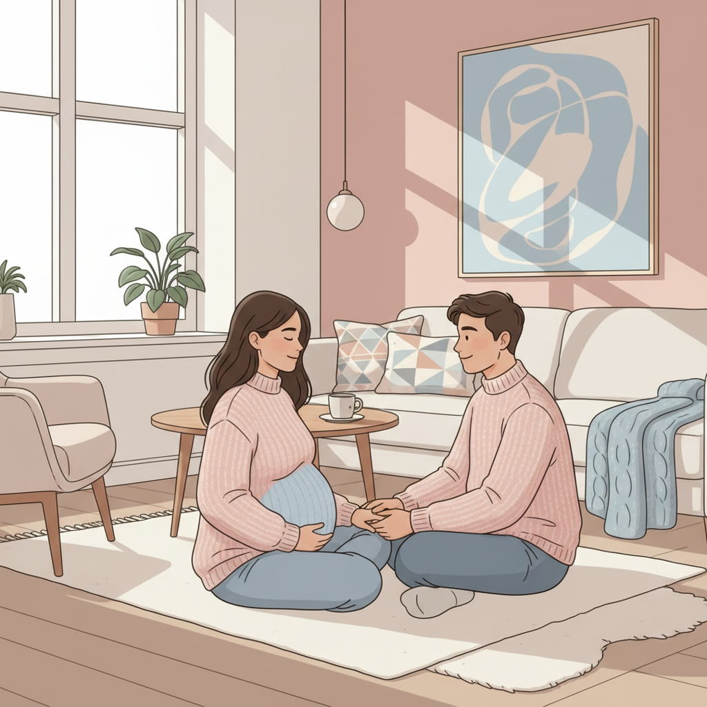 Gravid kvinne som øver på pusteøvelser med partneren i stuen