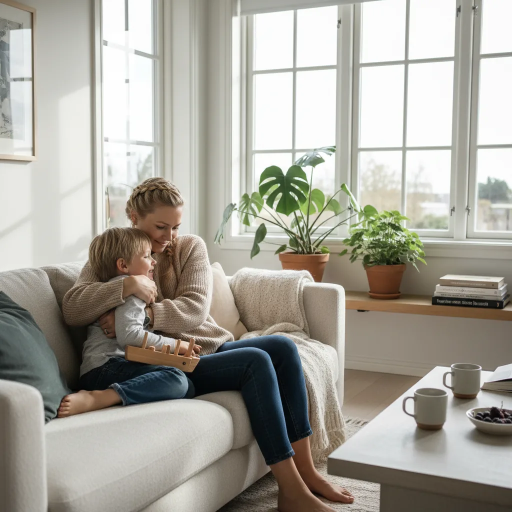Foreldre med babyer på en kafé, alle snakker og ler sammen