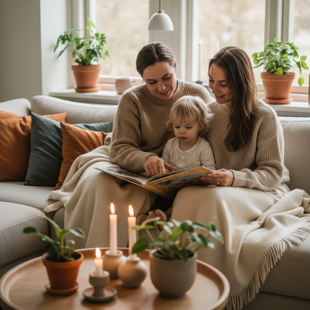 Familie som koser seg sammen i stuen