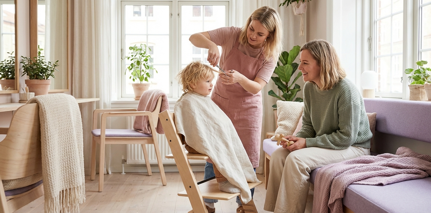 Stolt forelder med barn som viser frem ny frisyre