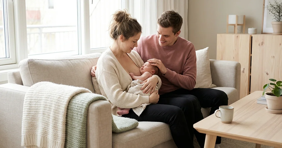 Nybakte foreldre holder nyfødt baby i armene hjemme i stuen