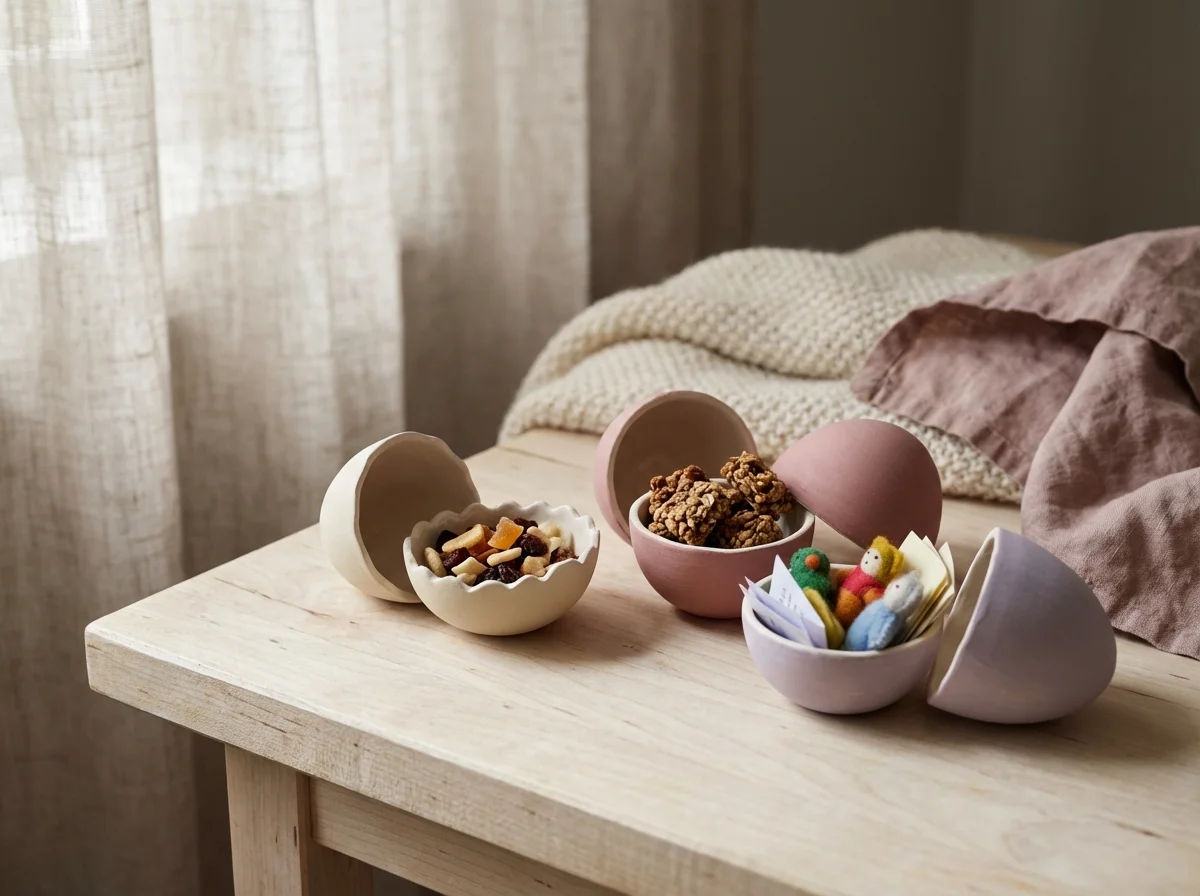 Påskeegg med blanding av sunne snacks og godteri