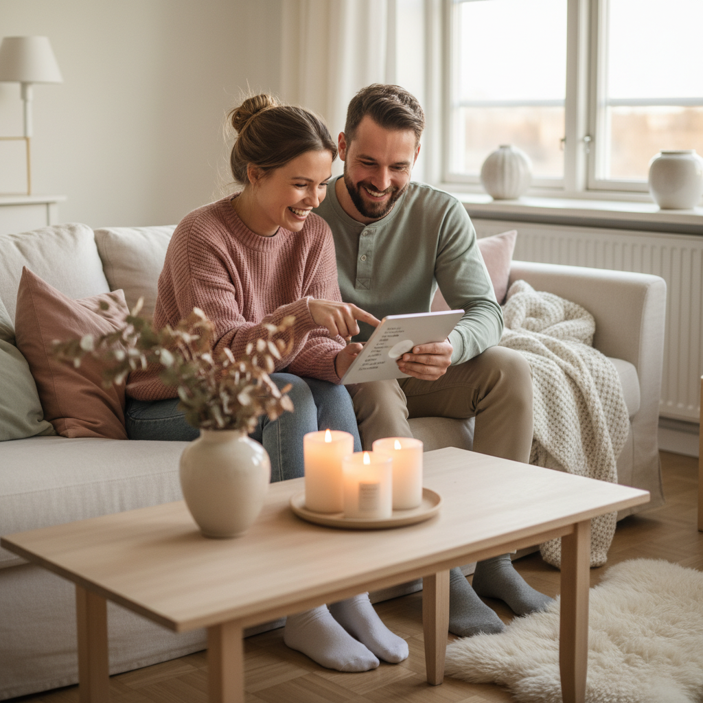 Par som utforsker babynavn sammen på sofaen