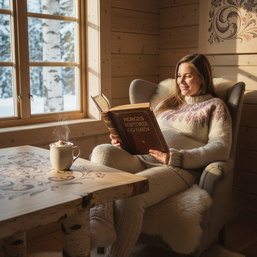 Gravid kvinne leser en bok om norske navn i en koselig hytte