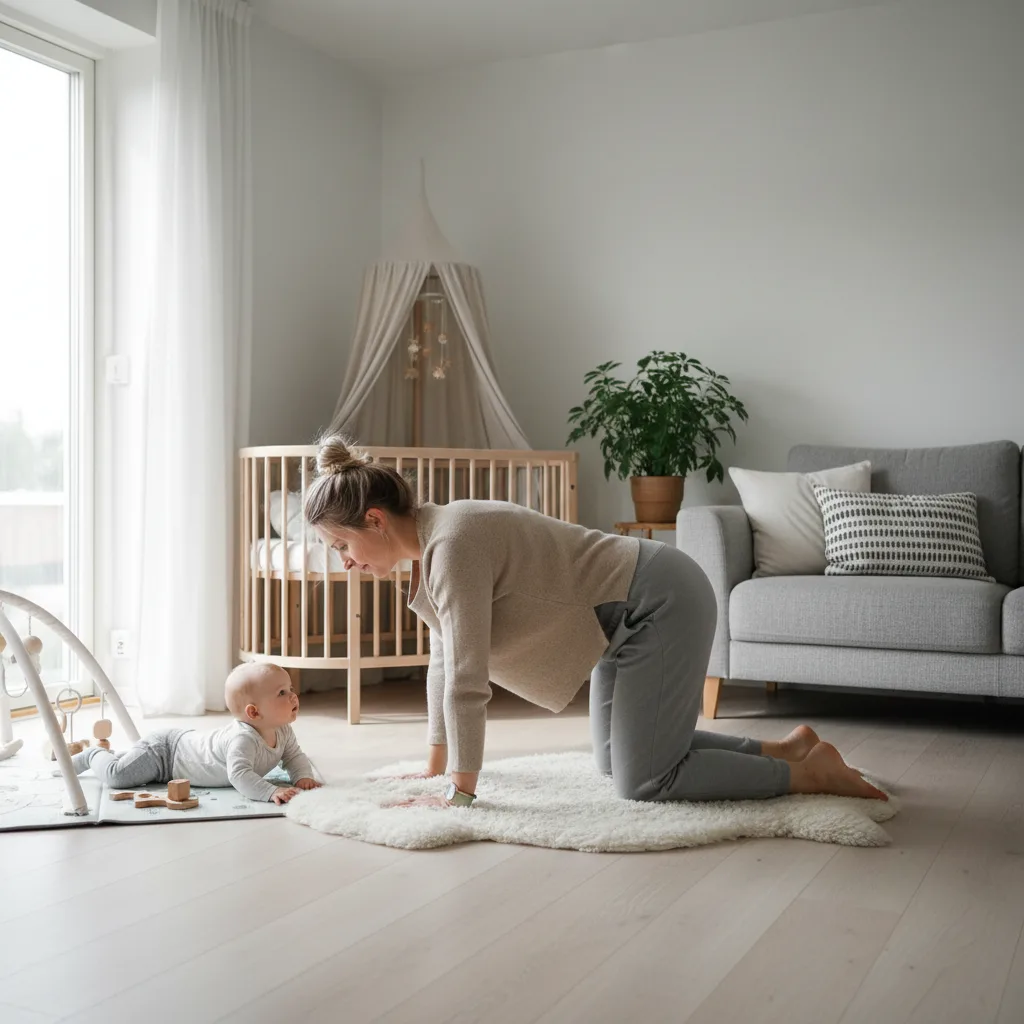 Forelder og barn i et rolig hjemmemiljø - illustrasjon for Gåturer med nyfødt - kom i gang med trening