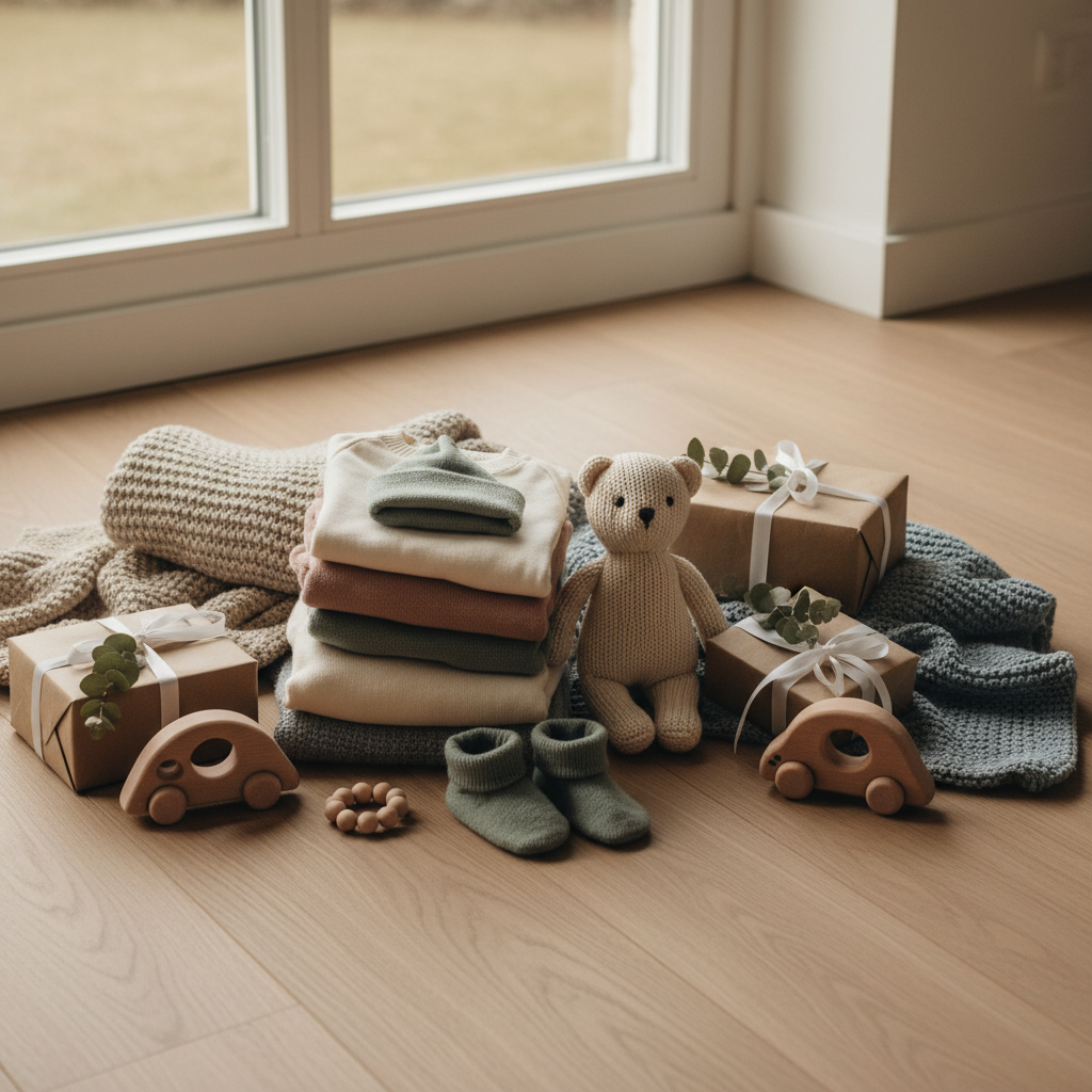 Samling av nyfødtgaver med ullklær, kosedyr og tepper i myke farger