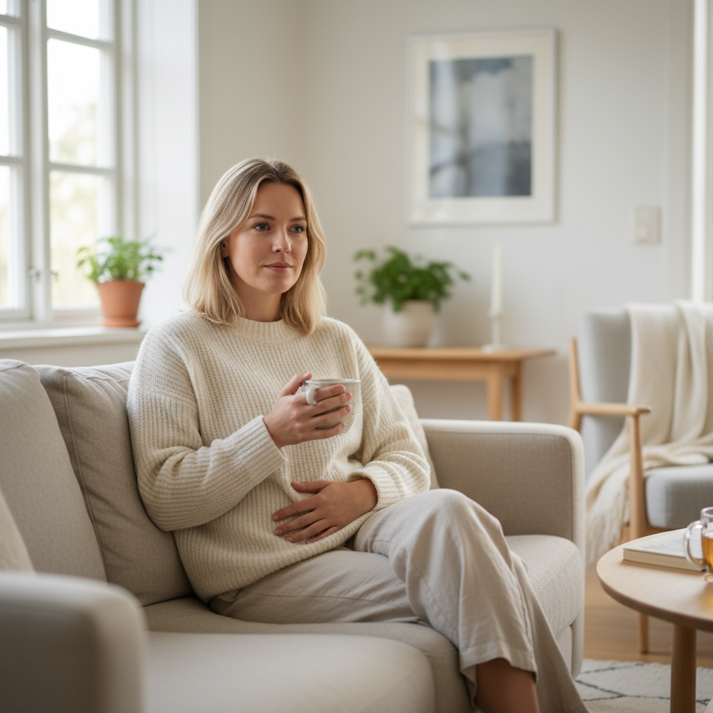 Kvinne i lyst skandinavisk hjem som kjenner på kroppen sin