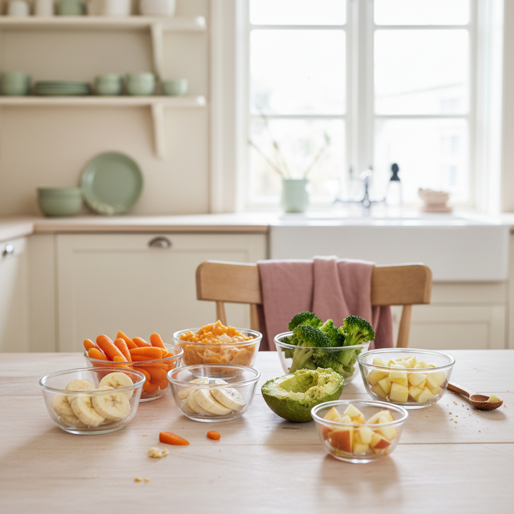 Fargerike grønnsaker og frukter tilpasset baby, servert i små skåler på et lyst skandinavisk kjøkkenbord