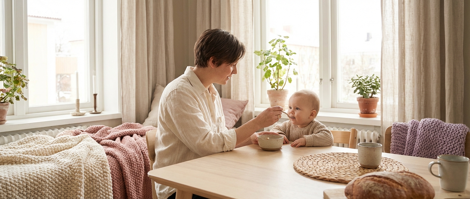 Baby som spiser sin første grøt fra en liten skål i et lyst skandinavisk kjøkken